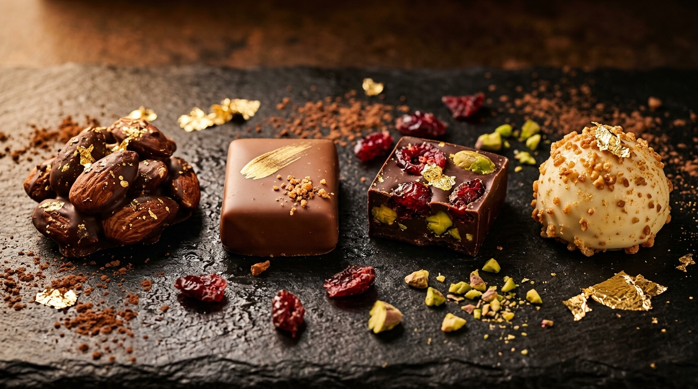 Handcrafted artisan chocolates with cocoa dusting and gold leaf on dark slate