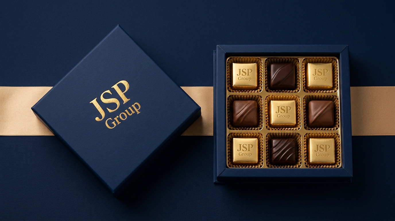 Luxury Deep Navy Rigid Chocolate Box with Gold Foiled JSP Group Logo and Open Box showing 9 Artisan Chocolates